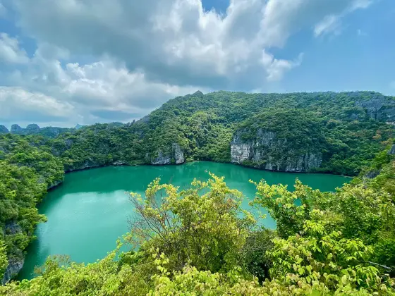 Thale Nai lagoon on Ko Mae Ko from the viewpoint: green water among limestone cliffs