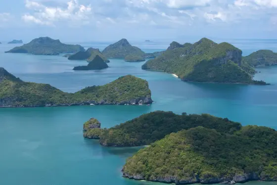 Limestone islands of Ang Thong and turquoise water from a height