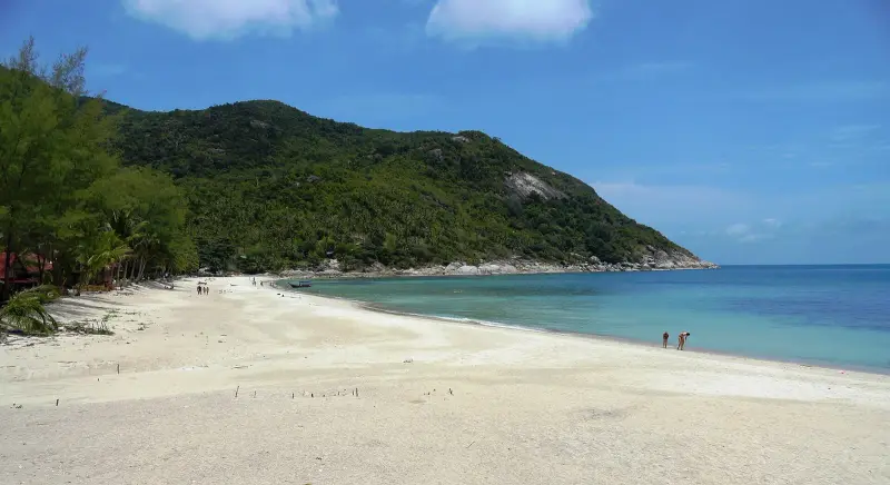 White sand, a wooded headland and cafes under the trees at Bottle Beach