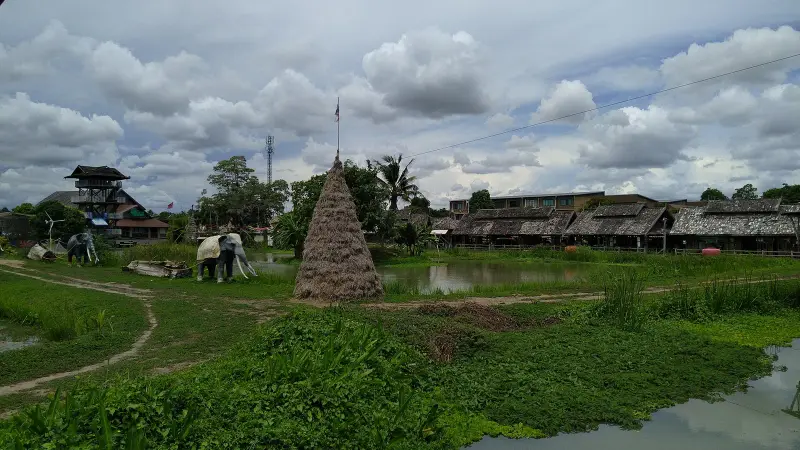 A pond, elephant sculptures, a haystack and the market's houses