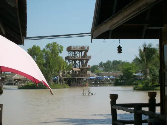 Wooden viewing tower between the market's canals