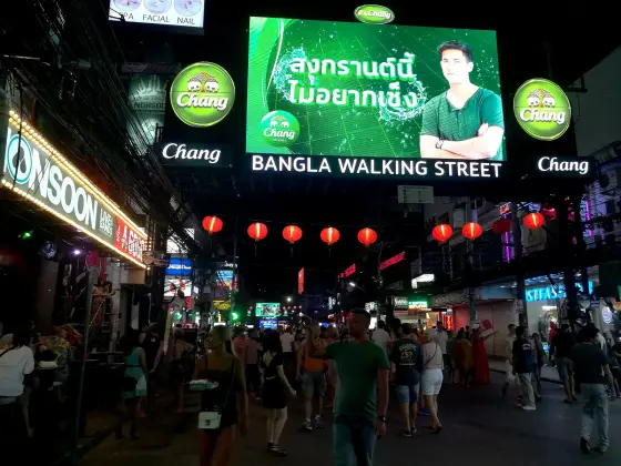 Bangla Road in Patong at night: signs, red lanterns and a crowd of walkers, March 2018