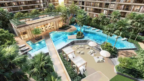 Бассейн и зоны отдыха во дворе So Origin Bangtao Beach, вид сверху, визуализация